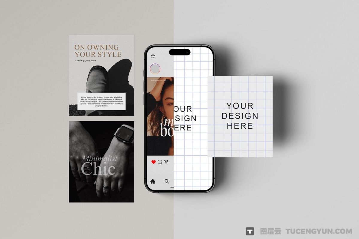 13款极简多角度iPhone 手机屏幕品牌产品浮动展示PSD效果多层场景样机组合 iPhone Screen & Instagram Post Mockups（13326）图层云