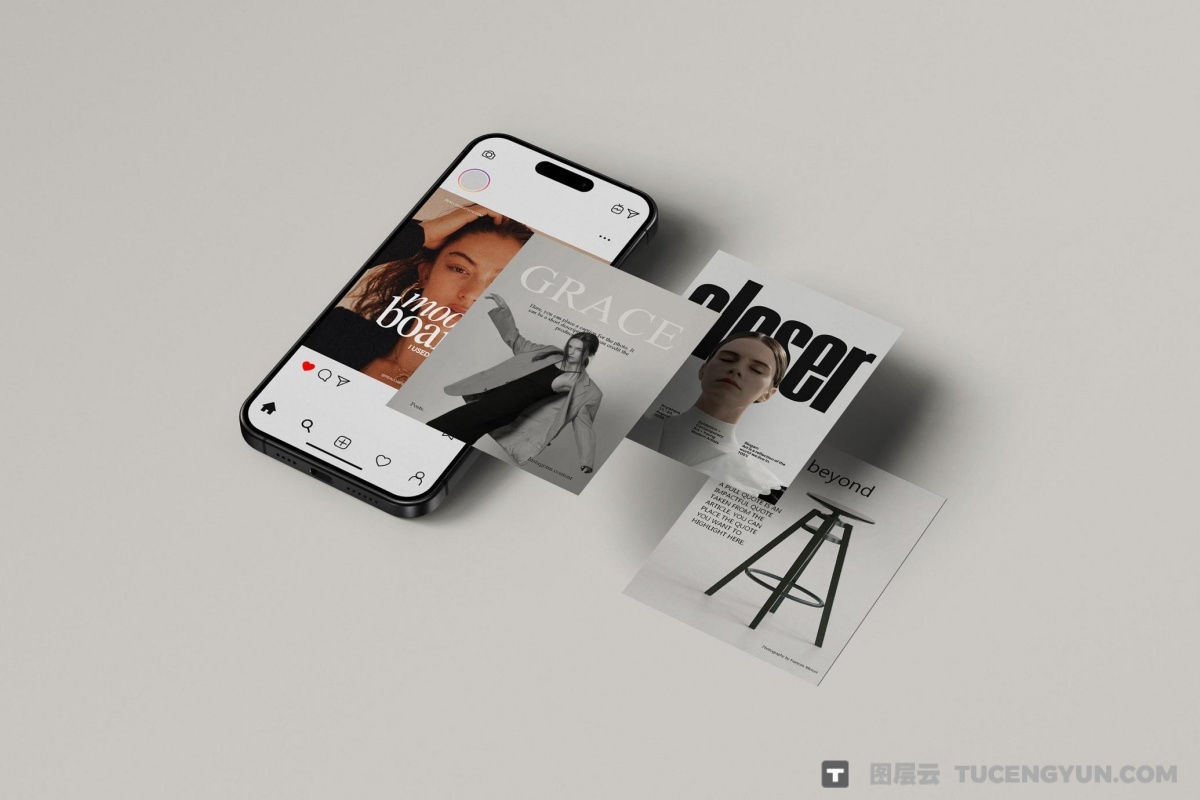 13款极简多角度iPhone 手机屏幕品牌产品浮动展示PSD效果多层场景样机组合 iPhone Screen & Instagram Post Mockups（13326）图层云