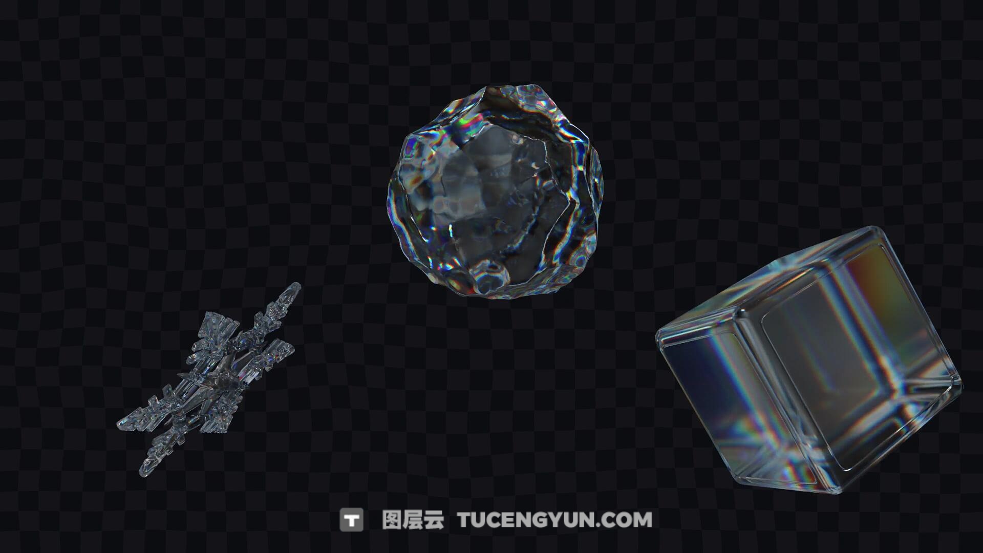 66个超现实主义水晶玻璃材质光线折射电子产品玩具几何形状字母数字透明通道MOV视频素材（13341）图层云