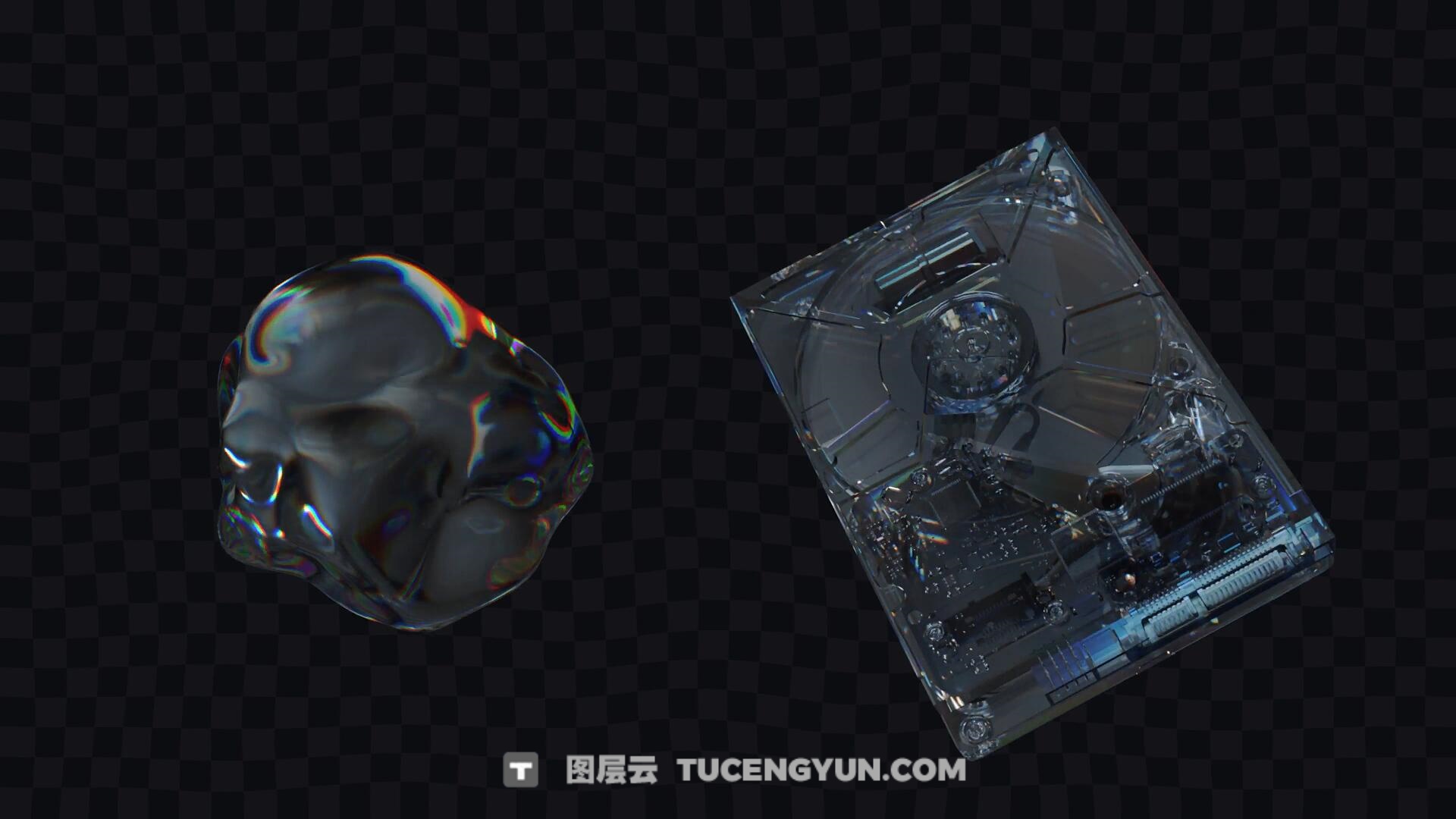 66个超现实主义水晶玻璃材质光线折射电子产品玩具几何形状字母数字透明通道MOV视频素材（13341）图层云