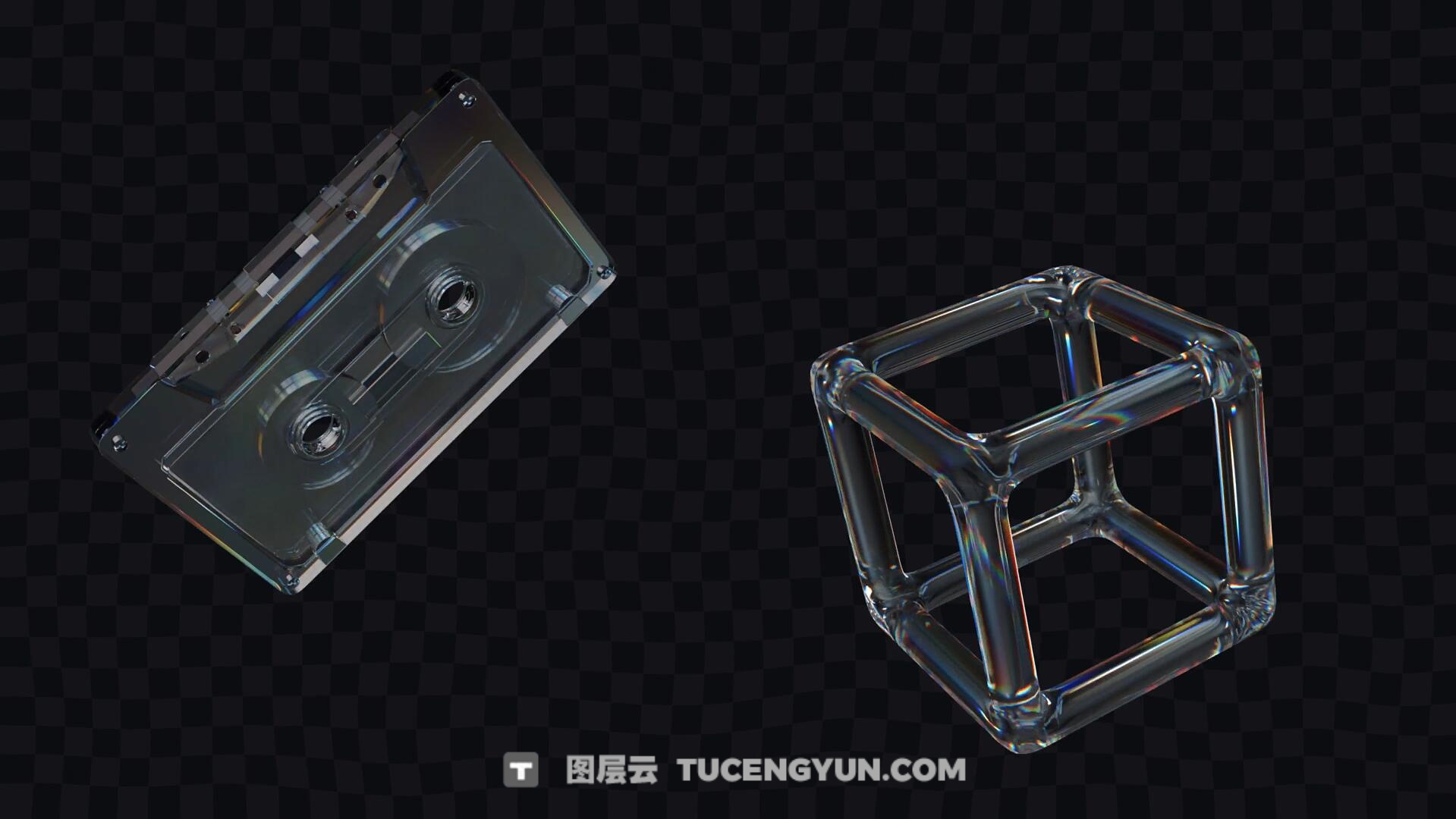 66个超现实主义水晶玻璃材质光线折射电子产品玩具几何形状字母数字透明通道MOV视频素材（13341）图层云