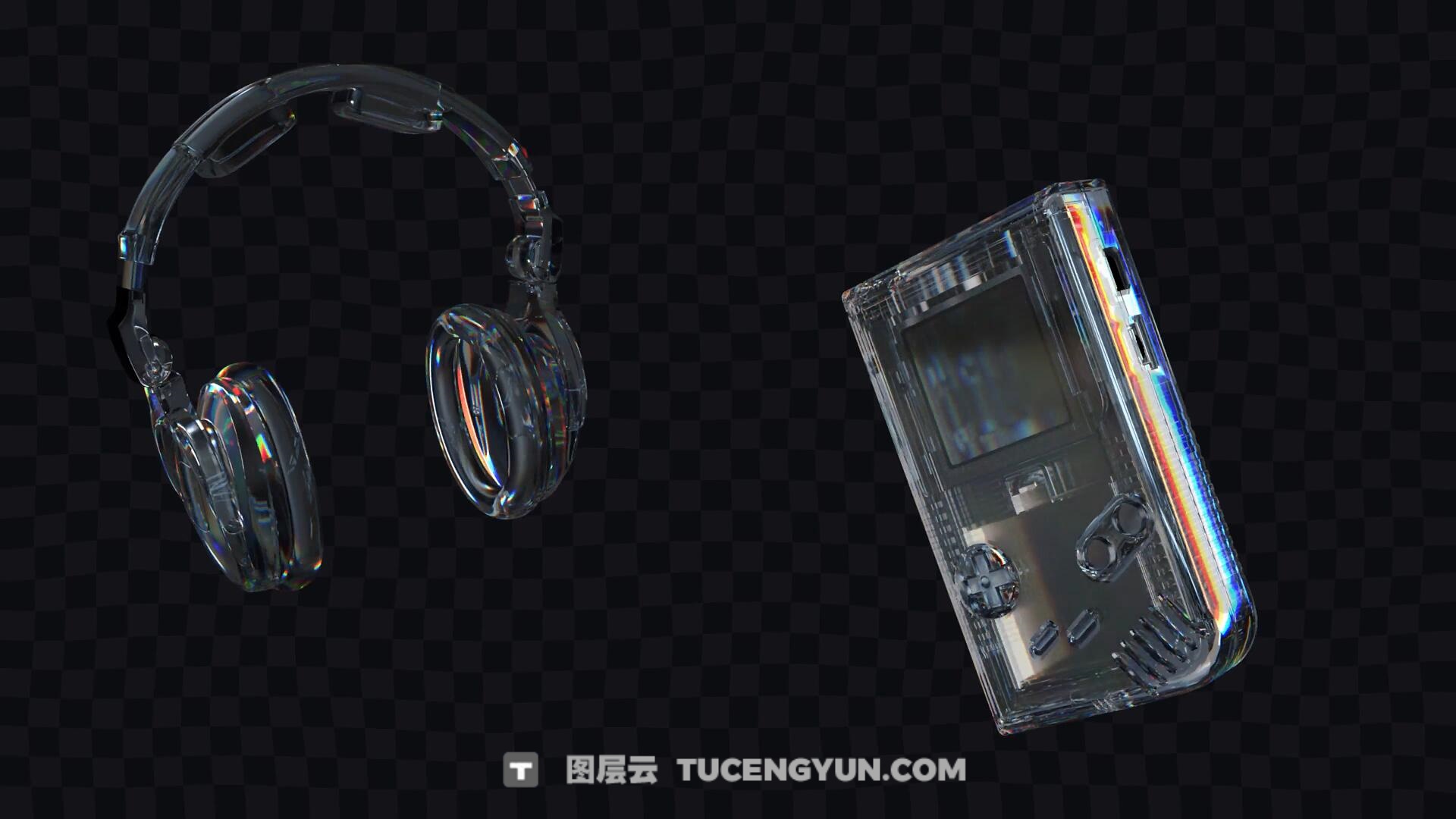 66个超现实主义水晶玻璃材质光线折射电子产品玩具几何形状字母数字透明通道MOV视频素材（13341）图层云