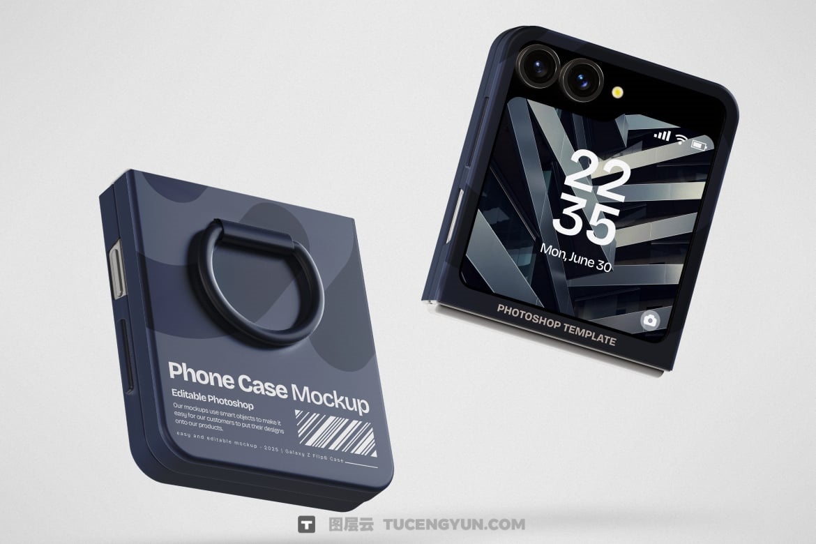 3个高分辨率极简可折叠智能手机屏幕UI设计展示PSD样机 Galaxy Z Flip 6 Phone Case Mockup（13356）图层云
