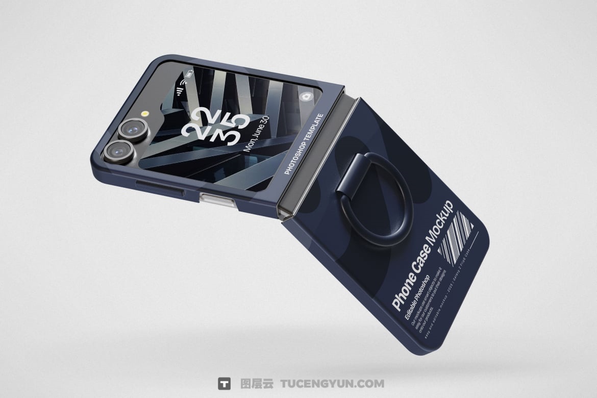 3个高分辨率极简可折叠智能手机屏幕UI设计展示PSD样机 Galaxy Z Flip 6 Phone Case Mockup（13356）图层云