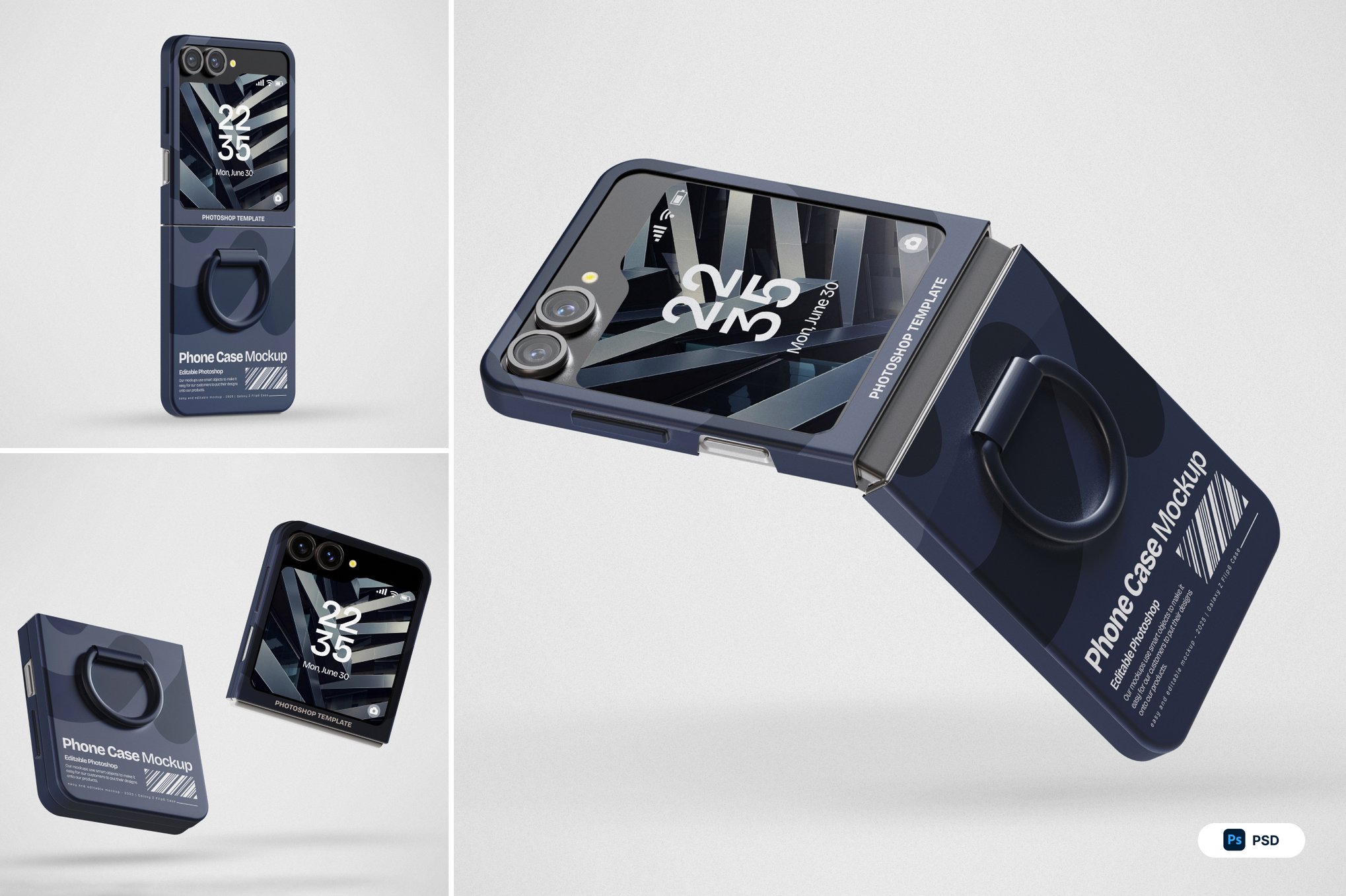 3个高分辨率极简可折叠智能手机屏幕UI设计展示PSD样机 Galaxy Z Flip 6 Phone Case Mockup（13356）