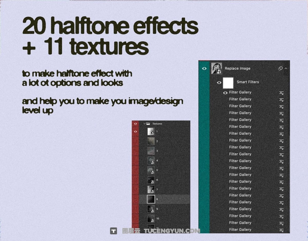 20种复古半色调半调颗粒噪点打印印刷PSD特效样机 Züli – Halftone Image Effects Pack（13400）图层云