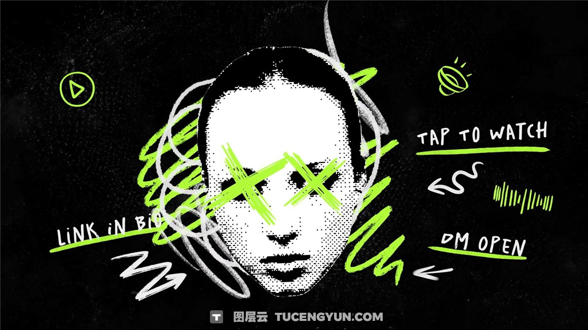 AE模板：大胆邋遢潦草手绘线条涂鸦头像拼贴艺术文字标题动画模板（13457）图层云