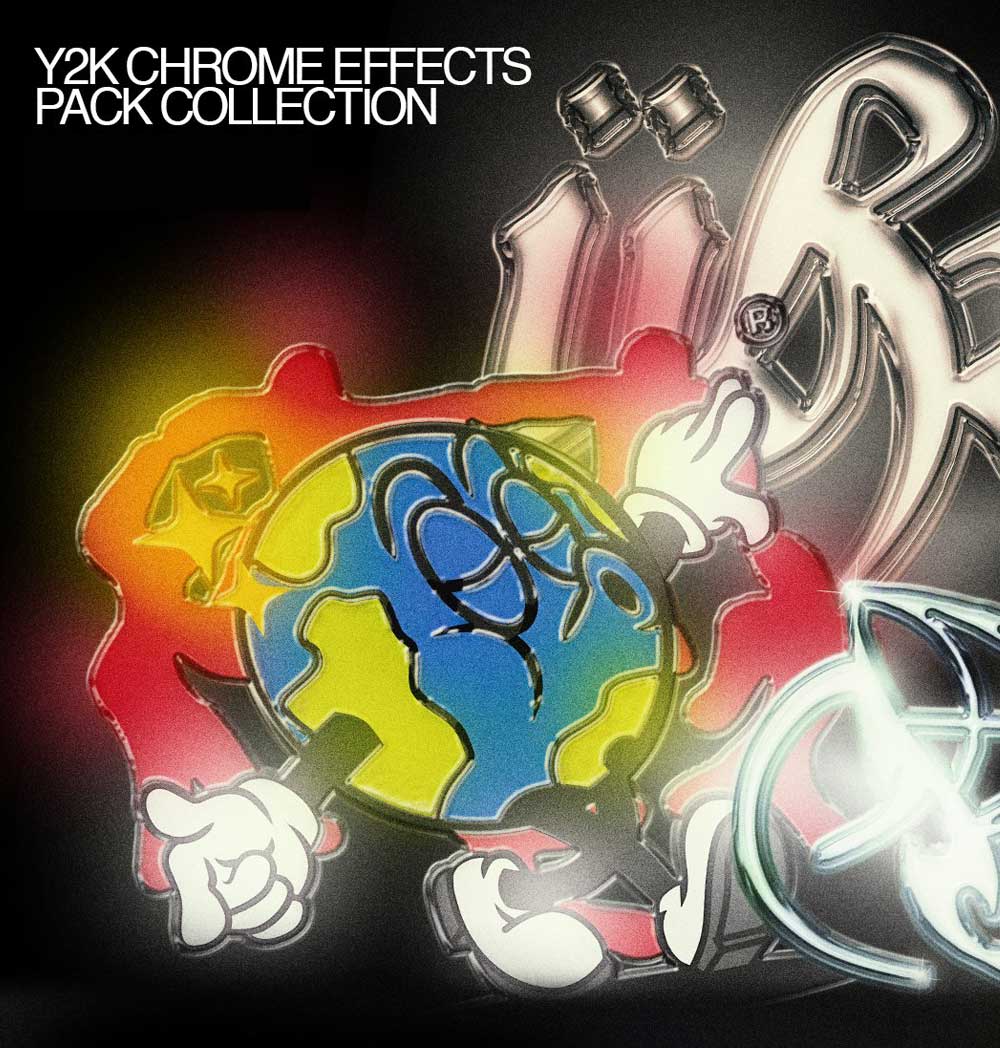 复古Y2Y风格梦幻发光酸性金属镀铬PSD特效样机 Züli – Y2k Chrome Effect Pack Collection (Text-Icon-Shape)