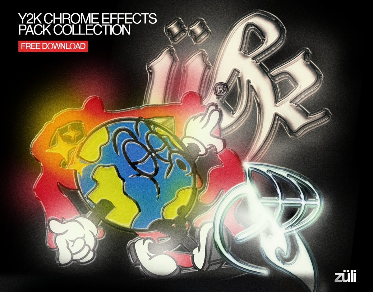 复古Y2Y风格梦幻发光酸性金属镀铬PSD特效样机 Züli – Y2k Chrome Effect Pack Collection (Text-Icon-Shape)图层云
