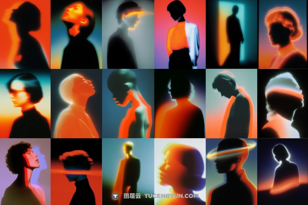 55种梦幻情绪美学人物剪影轮廓热感应渐变融合视觉海报专辑封面包装JPG素材 55 Aesthetic Dreamlike Silhouettes（13498）图层云