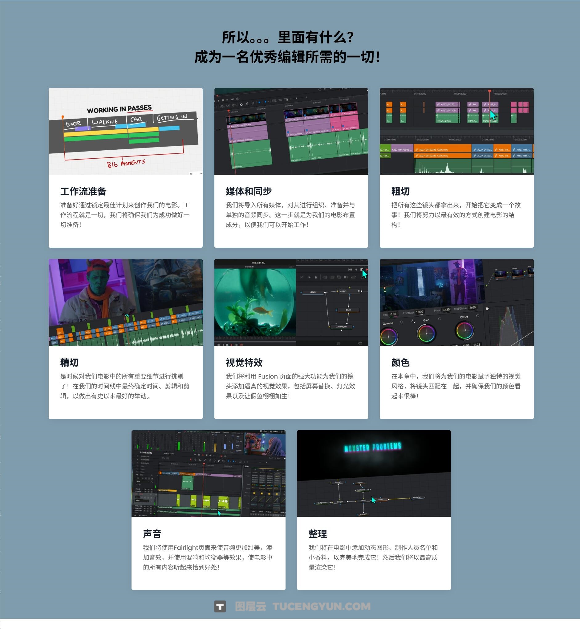 大师课程：Casey Faris达芬奇短片剪辑、色彩、视觉特效和声音设计视频课程+项目文件 中文字幕 Casey Faris Make A Film in DaVinci Resolve（13514）图层云