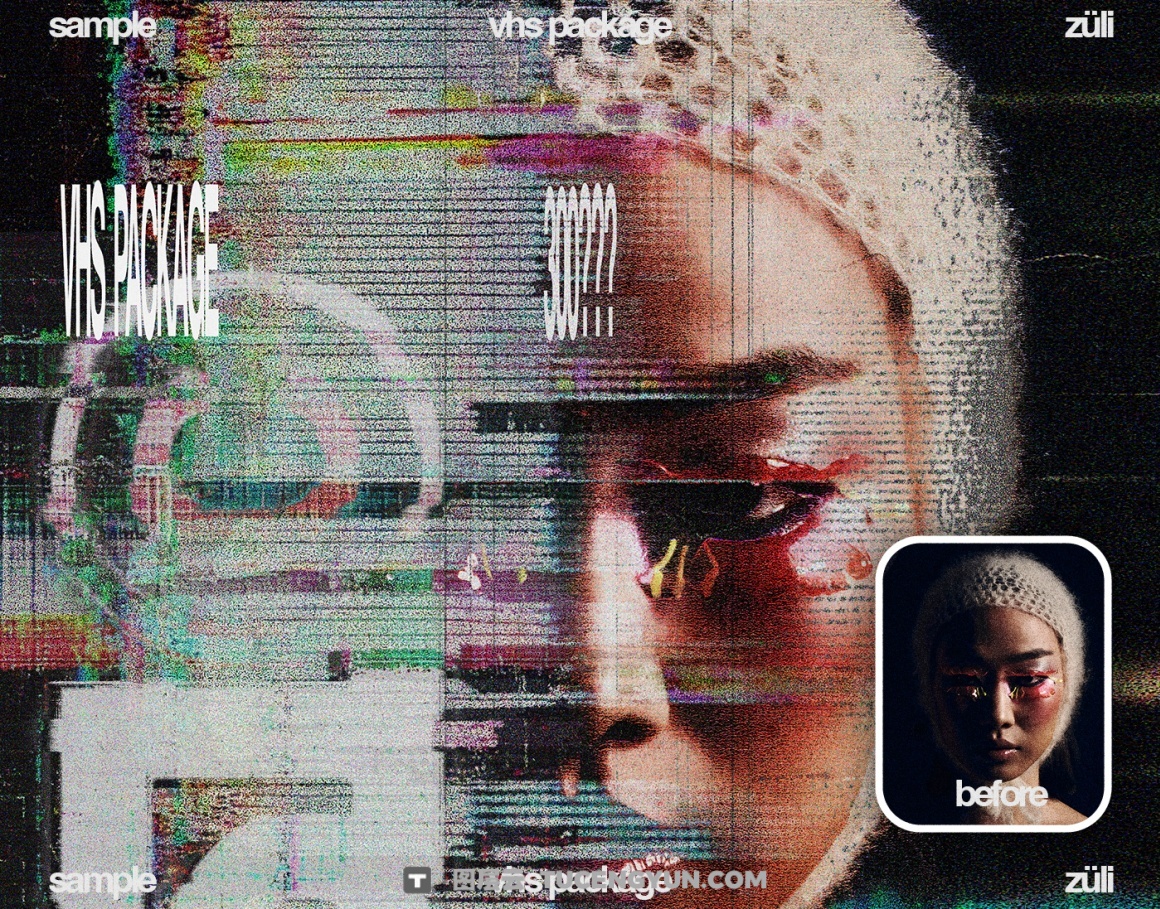 复古VHS信号故障扭曲失真抽象颗粒噪点图像滤镜叠加纹理+PSD特效样机 Züli – VHS Package Textures&Effects（）图层云