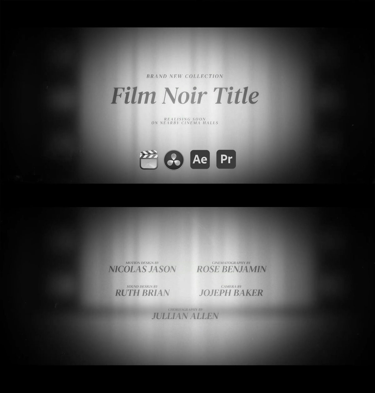 AE/PR/FCPX/达芬奇模板：《卓别林风格》复古黑白老式幽默悬疑侦探电影演职员表标题包（6322）