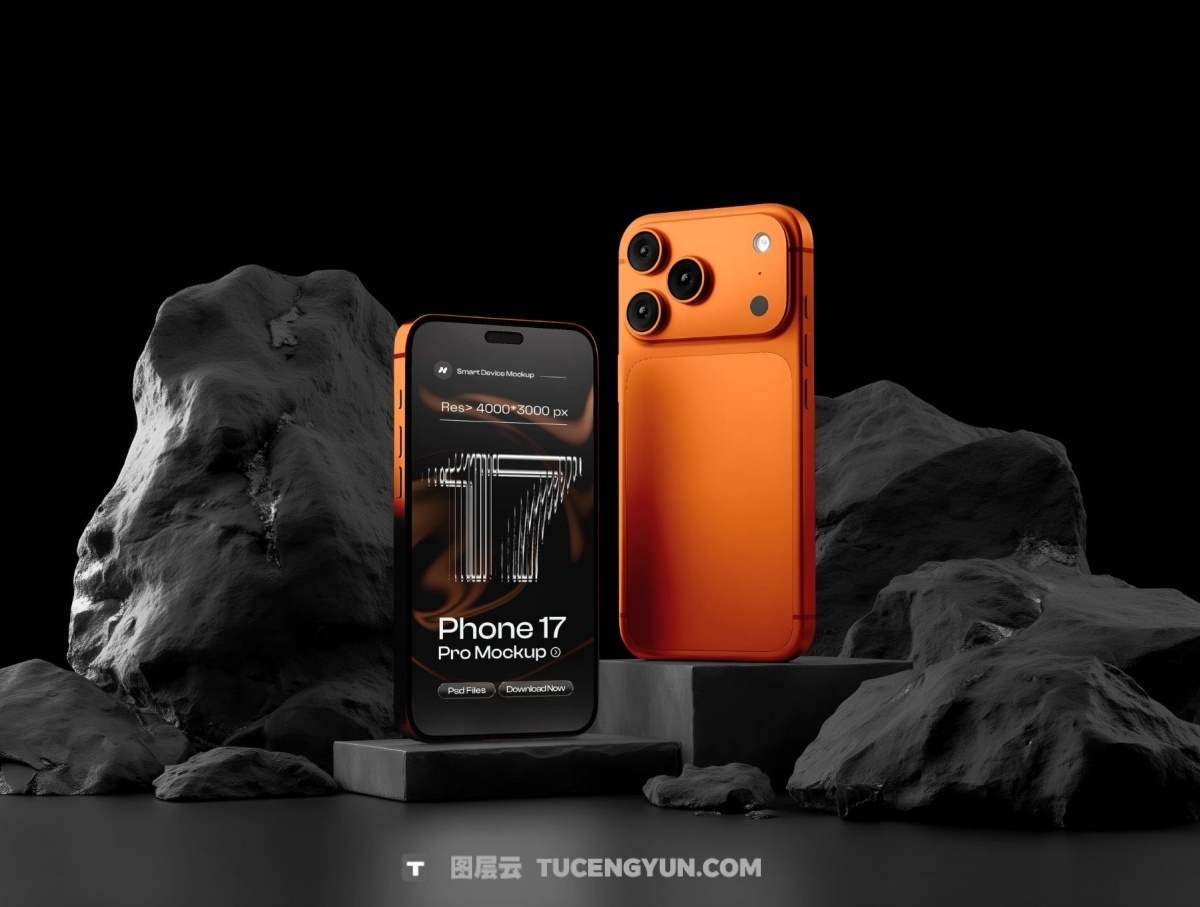 暗黑风格苹果iPhone 17 Pro时尚场景界面布局品牌展示PSD+Figma样机套装 Phone 17 Pro on Black Background Mockup Set – 06 Scene（13891）图层云