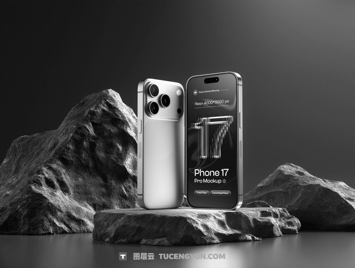 暗黑风格苹果iPhone 17 Pro时尚场景界面布局品牌展示PSD+Figma样机套装 Phone 17 Pro on Black Background Mockup Set – 06 Scene（13891）图层云