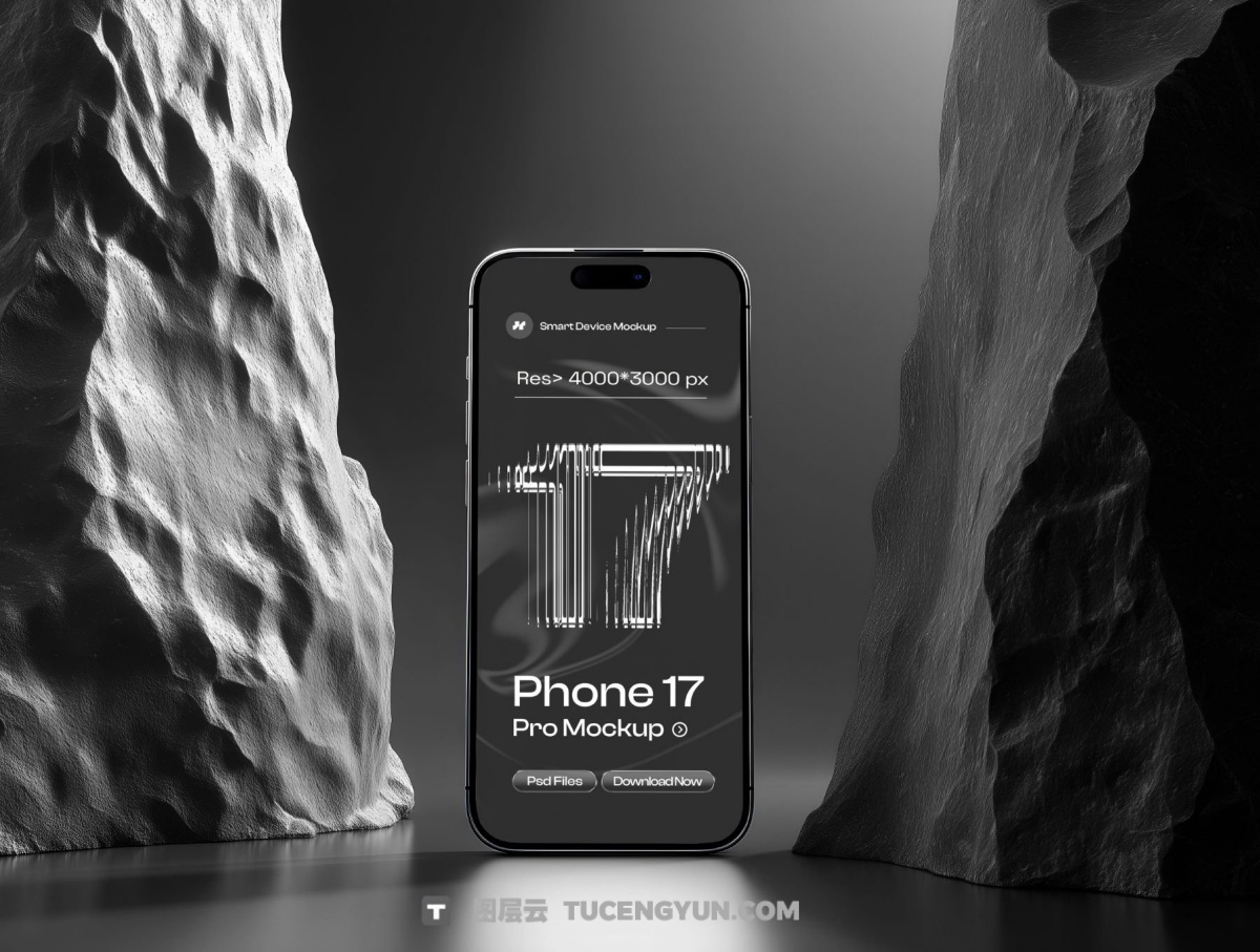 暗黑风格苹果iPhone 17 Pro时尚场景界面布局品牌展示PSD+Figma样机套装 Phone 17 Pro on Black Background Mockup Set – 06 Scene（13891）图层云