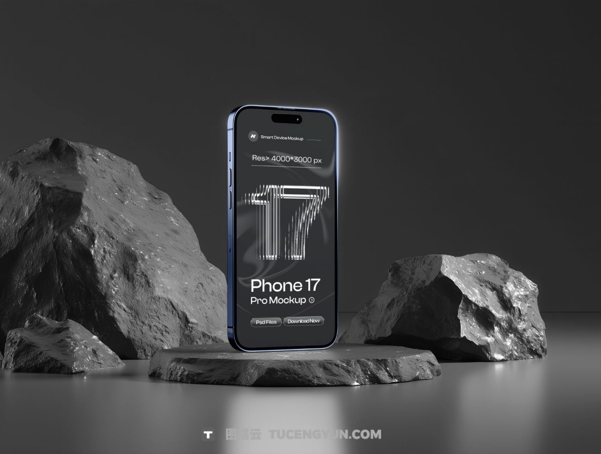 暗黑风格苹果iPhone 17 Pro时尚场景界面布局品牌展示PSD+Figma样机套装 Phone 17 Pro on Black Background Mockup Set – 06 Scene（13891）图层云