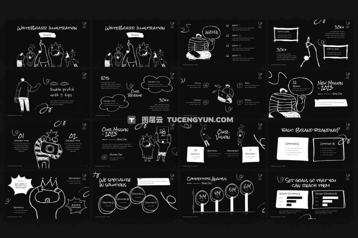 PPT模板：15页手绘涂鸦人物线框数据统计信息图表工作汇报演示文稿黑白双色调PPT模板 Whiteboard Illustration Assets PowerPoint Template（13706）图层云
