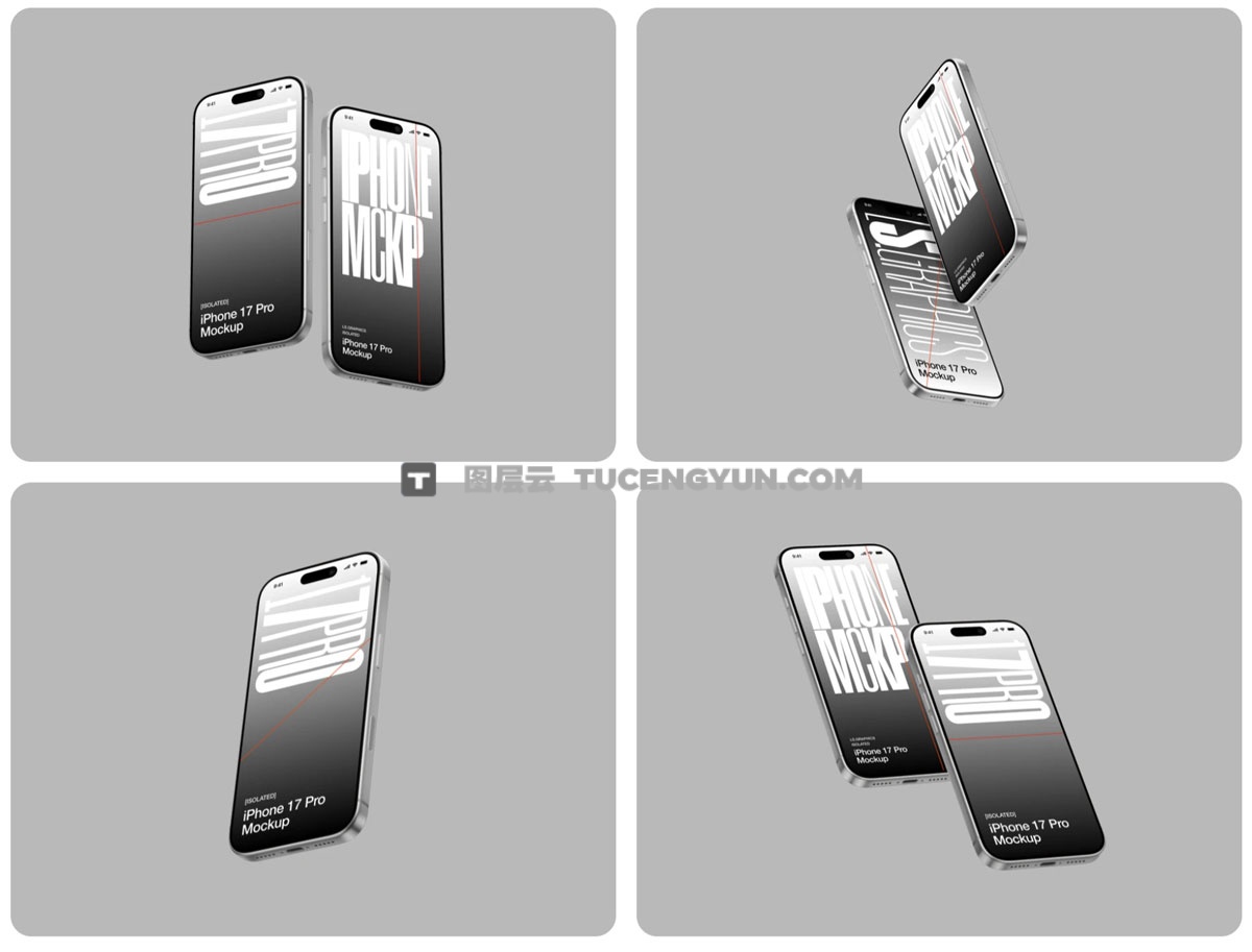 16款创意极简iPhone 17 Pro手机屏幕UI界面设计展示PSD样机组合 iPhone 17 Pro Mockups（13710）图层云