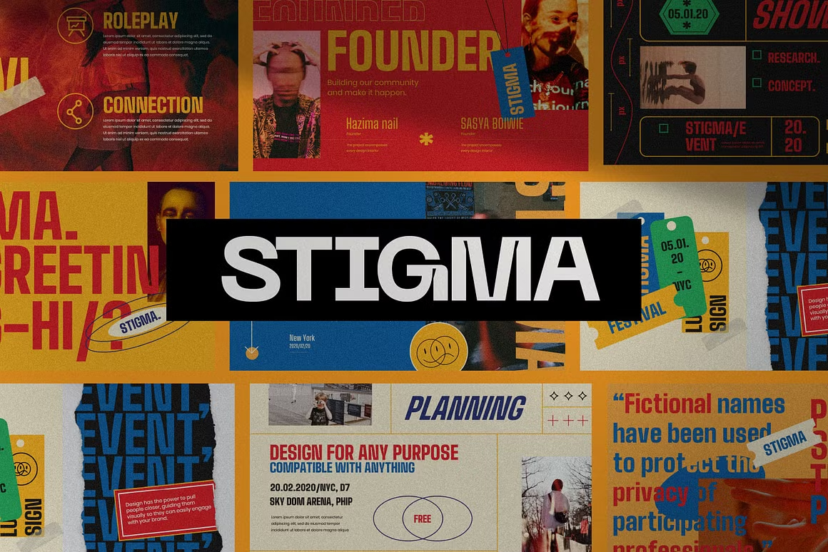 PPT模板:街头复古潮流时尚创意撞色PPT演示文稿模板 STIGMA Powerpoint – Creative Design(13896)