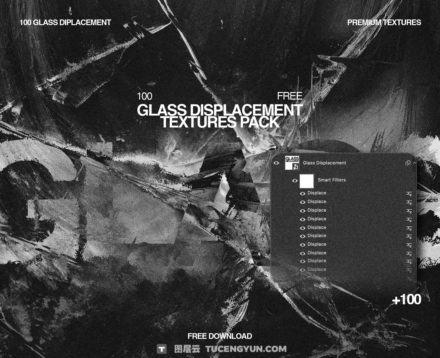 100张真实玻璃破碎裂痕折射扭曲置换叠加纹理PSD效果素材 Züli – 100 Glass Displacement Textures（13807）图层云