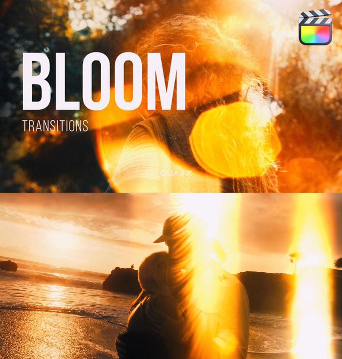 FCPX插件:24种黄金日落氛围婚礼电影剪辑光线闪光、光晕、漏光、柔和模糊转场过渡(13746)