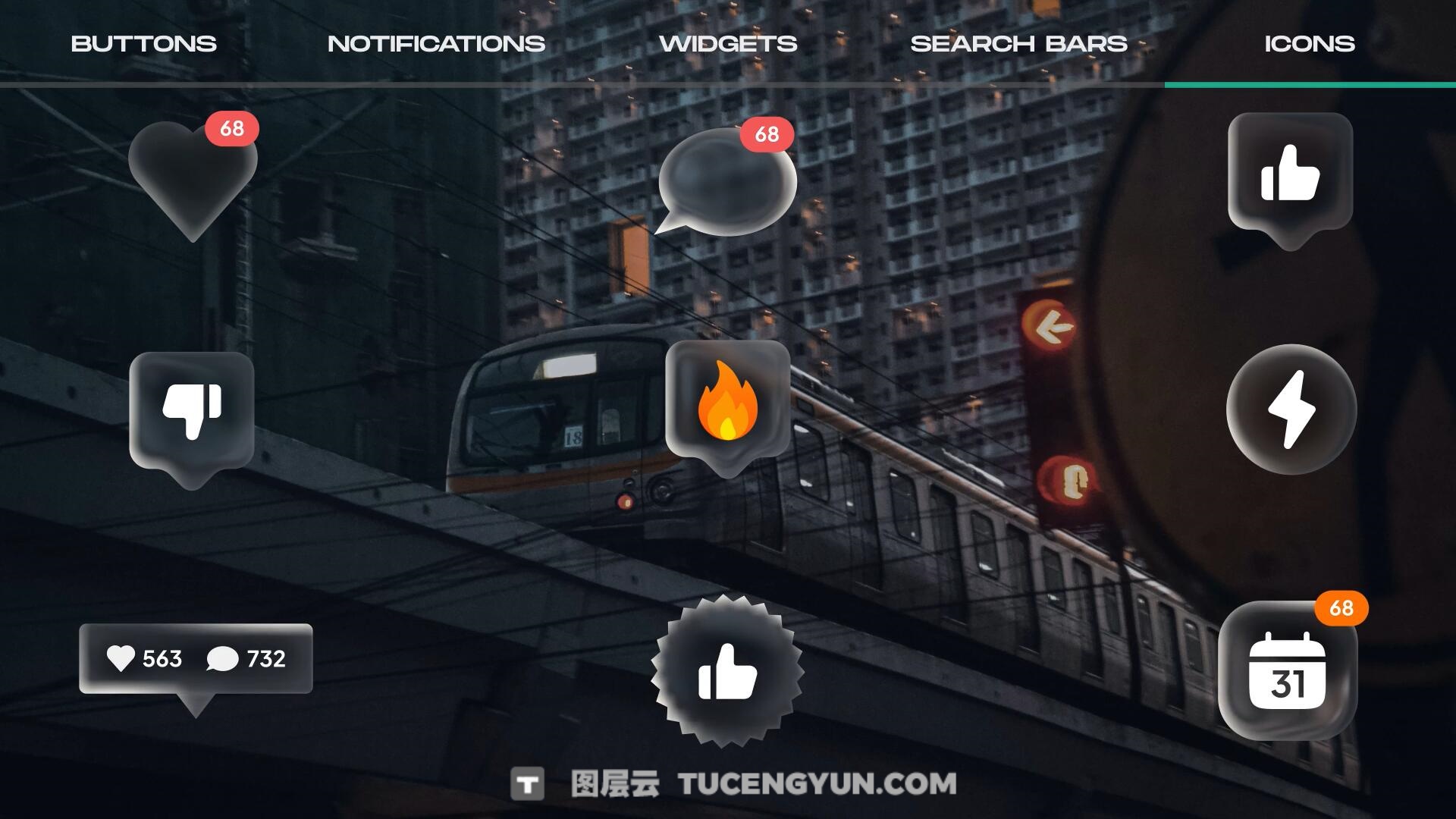 AE模板:苹果液态玻璃风格按钮、图标、通知、 部件、搜索栏UI动画模板(13859)图层云 AE模板:苹果液态玻璃风格按钮、图标、通知、 部件、搜索栏UI动画模板(13859)图层云