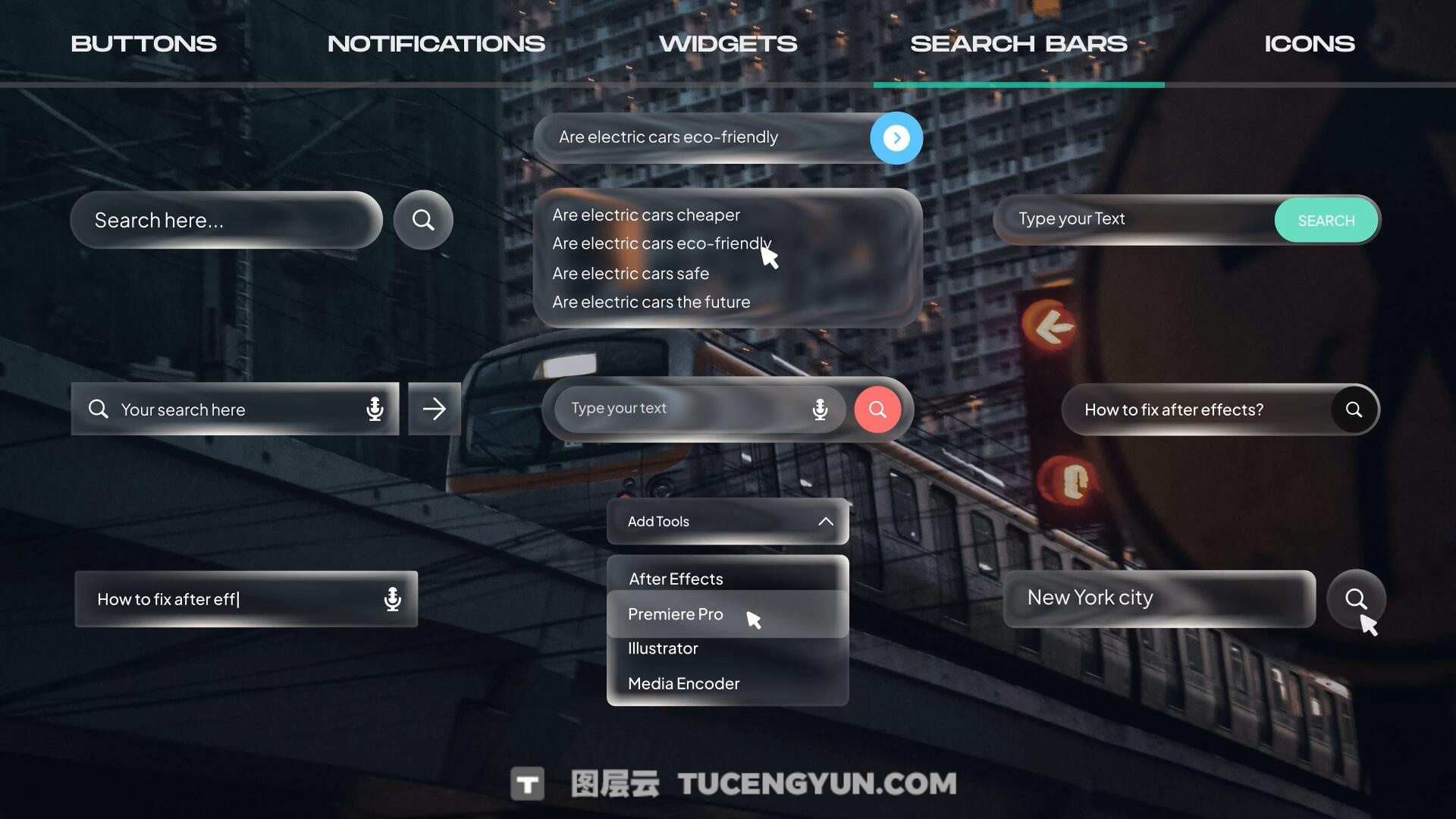 AE模板：苹果液态玻璃风格按钮、图标、通知、 部件、搜索栏UI动画模板（13859）图层云