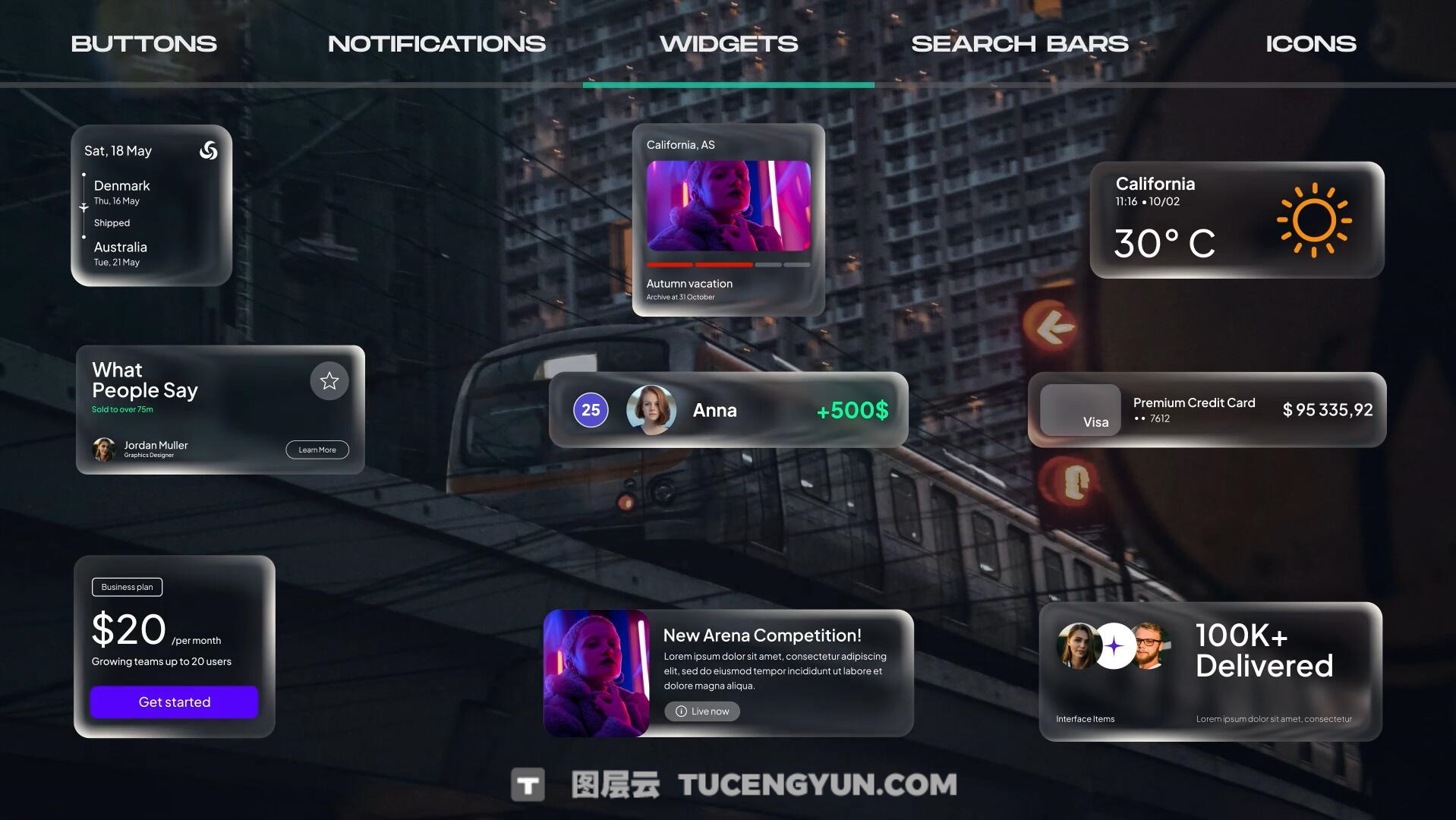 AE模板：苹果液态玻璃风格按钮、图标、通知、 部件、搜索栏UI动画模板（13859）图层云