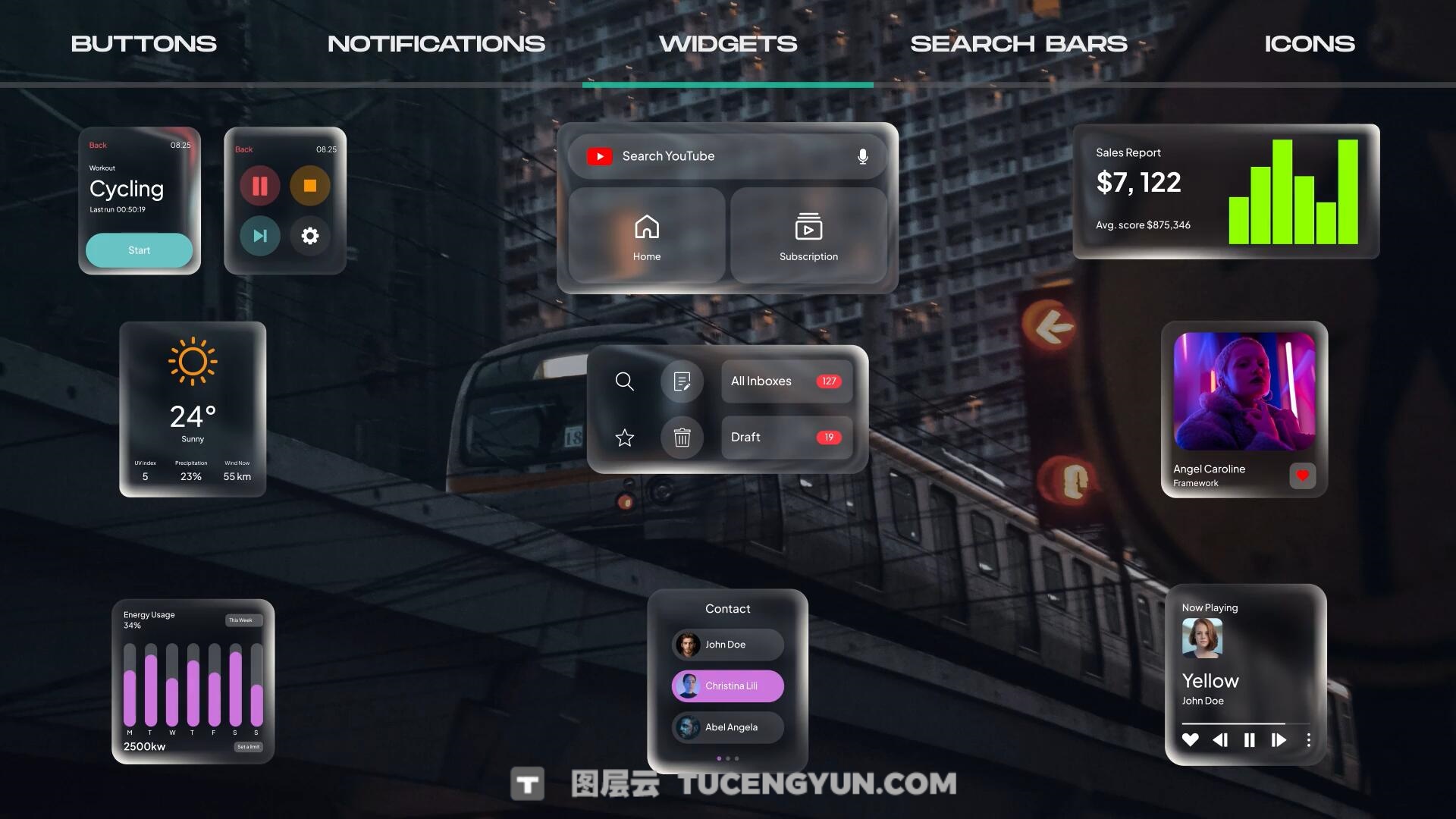 AE模板：苹果液态玻璃风格按钮、图标、通知、 部件、搜索栏UI动画模板（13859）图层云