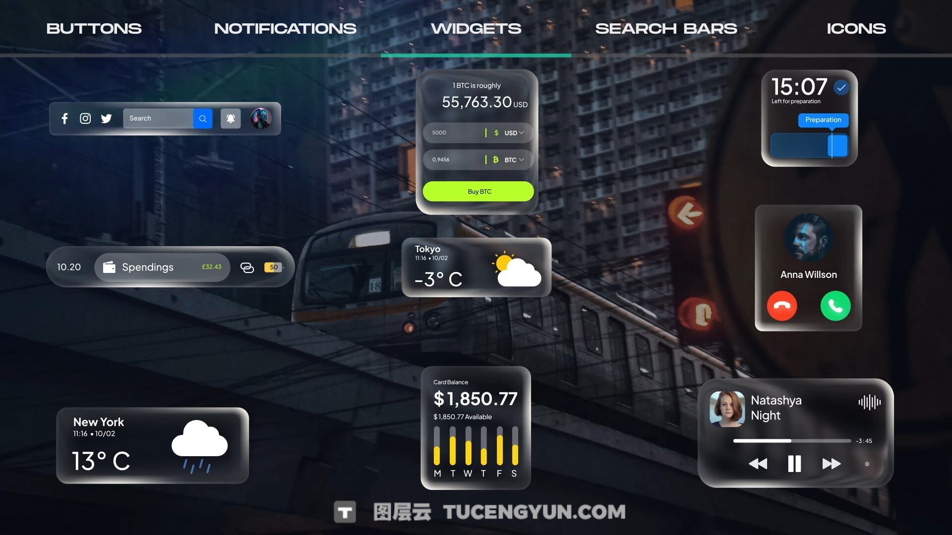 AE模板：苹果液态玻璃风格按钮、图标、通知、 部件、搜索栏UI动画模板（13859）图层云