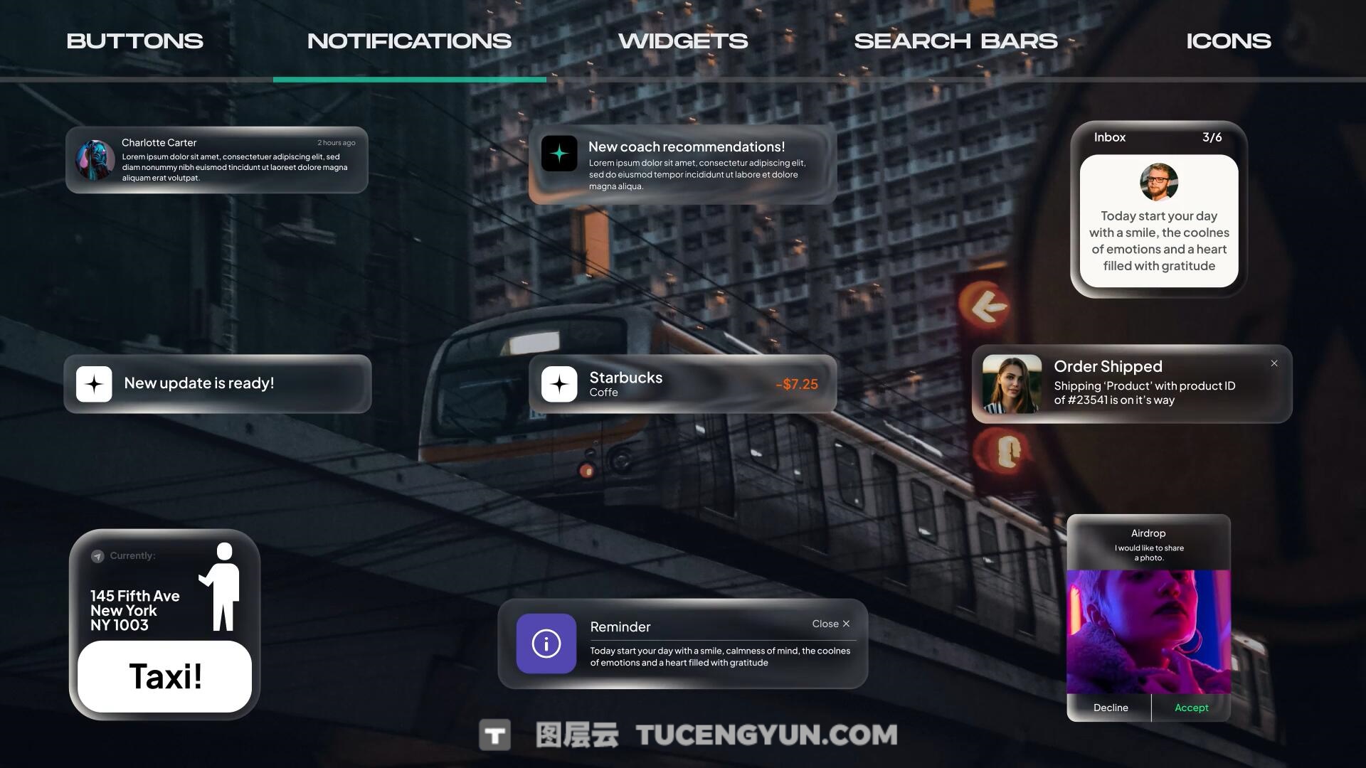 AE模板：苹果液态玻璃风格按钮、图标、通知、 部件、搜索栏UI动画模板（13859）图层云