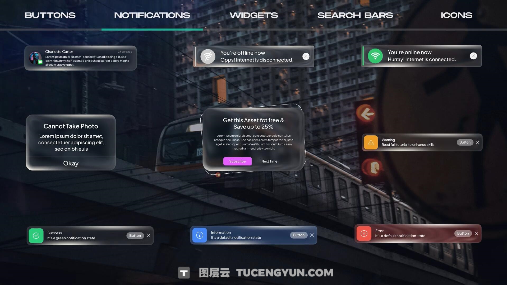 AE模板：苹果液态玻璃风格按钮、图标、通知、 部件、搜索栏UI动画模板（13859）图层云