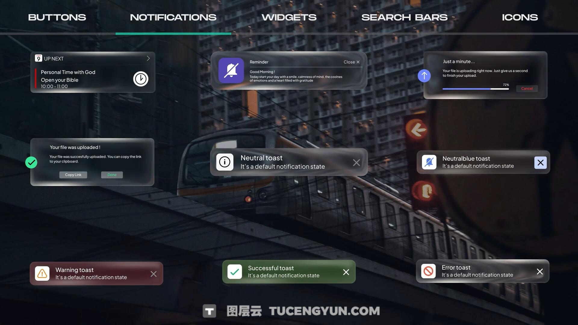 AE模板：苹果液态玻璃风格按钮、图标、通知、 部件、搜索栏UI动画模板（13859）图层云