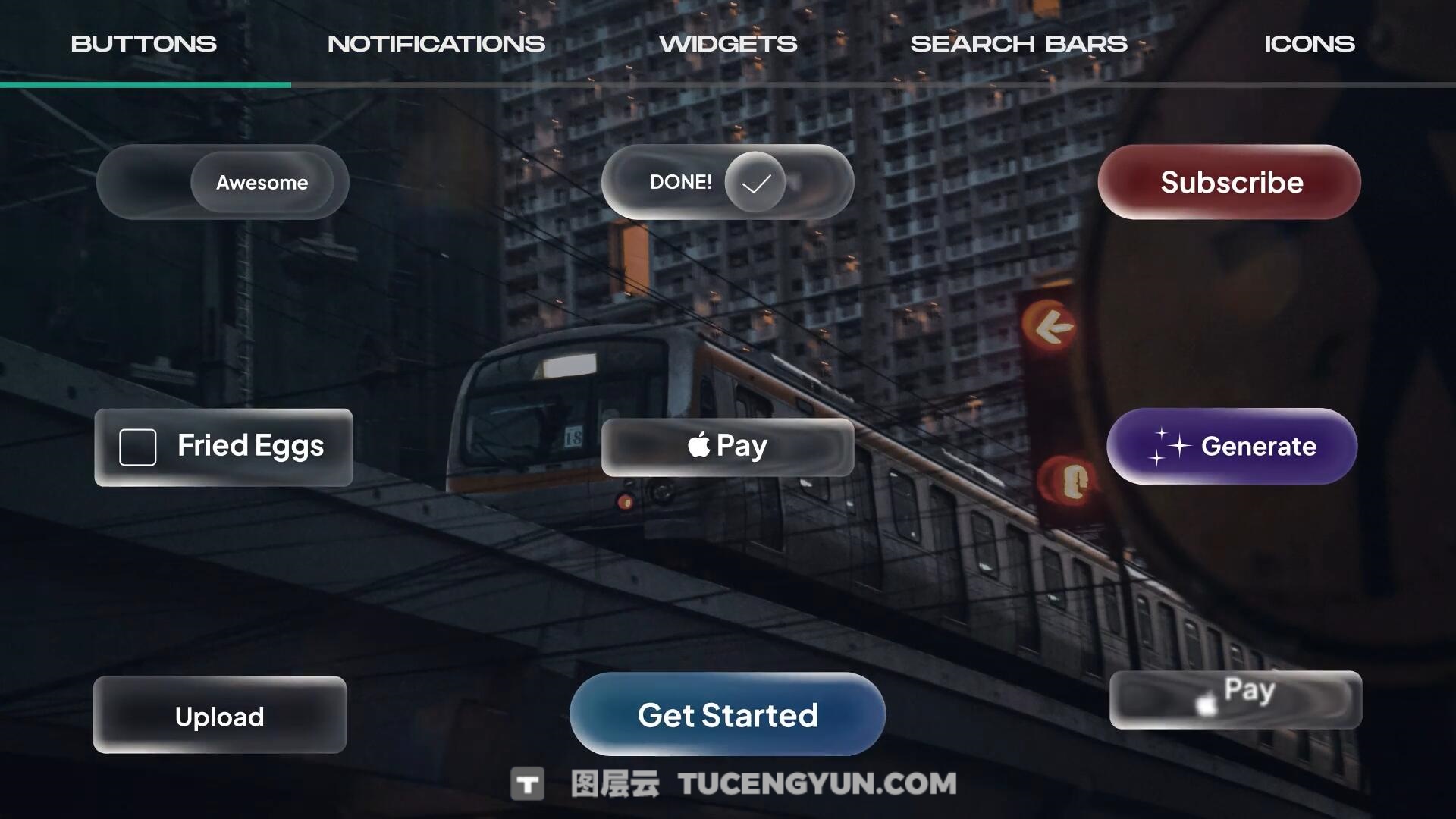 AE模板：苹果液态玻璃风格按钮、图标、通知、 部件、搜索栏UI动画模板（13859）图层云