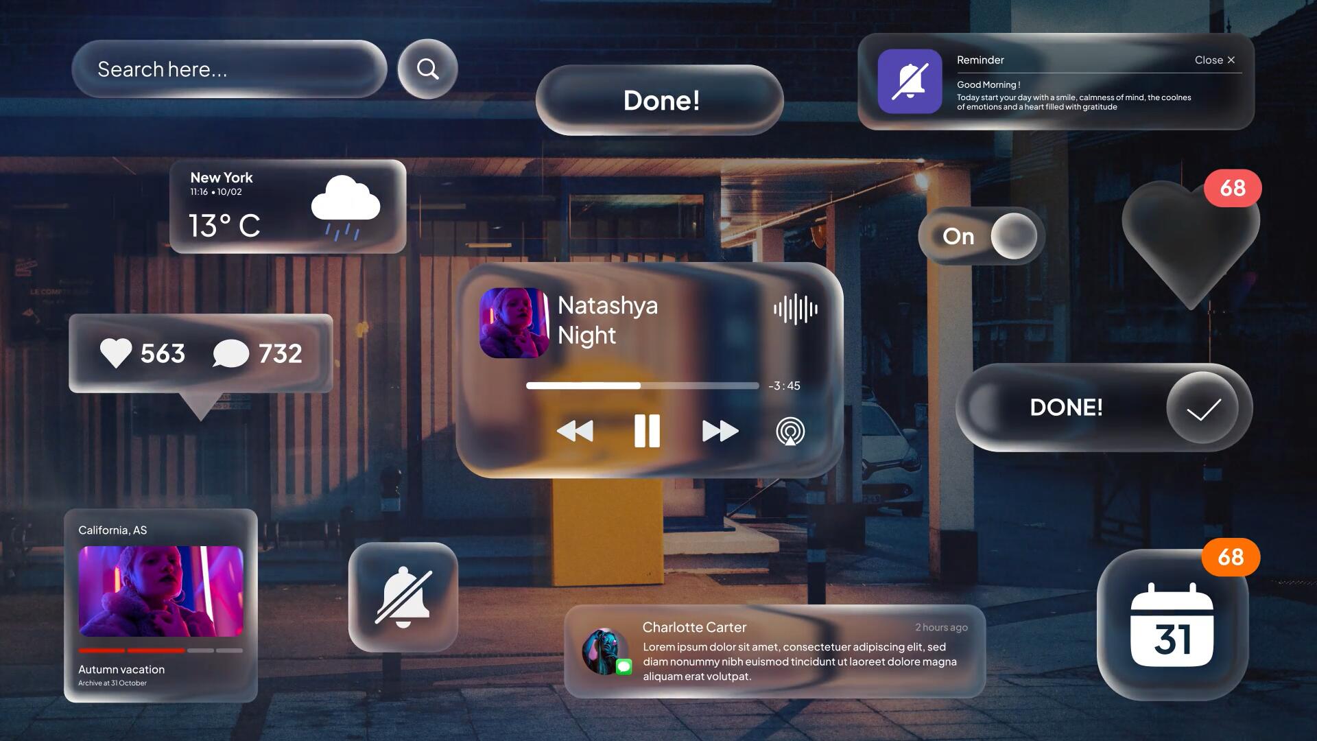 AE模板：苹果液态玻璃风格按钮、图标、通知、 部件、搜索栏UI动画模板（13859）