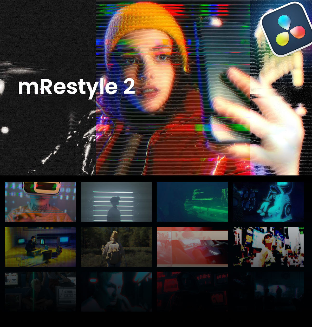 达芬奇预设：50种全新科技故障失真复古艺术视觉短片剪辑叠加特效插件 MotionVFX – mRestyle 2（13862）