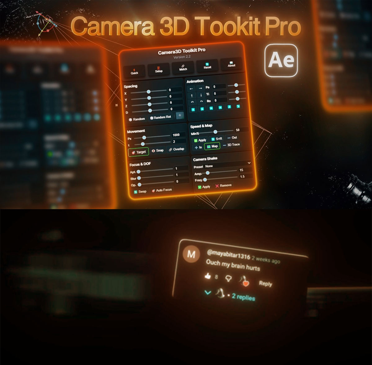AE插件：一键式创建好莱坞级3D相机运动动画AE插件 Camera3D Toolkit Pro 2.2 支持WIN/MAC（13909）