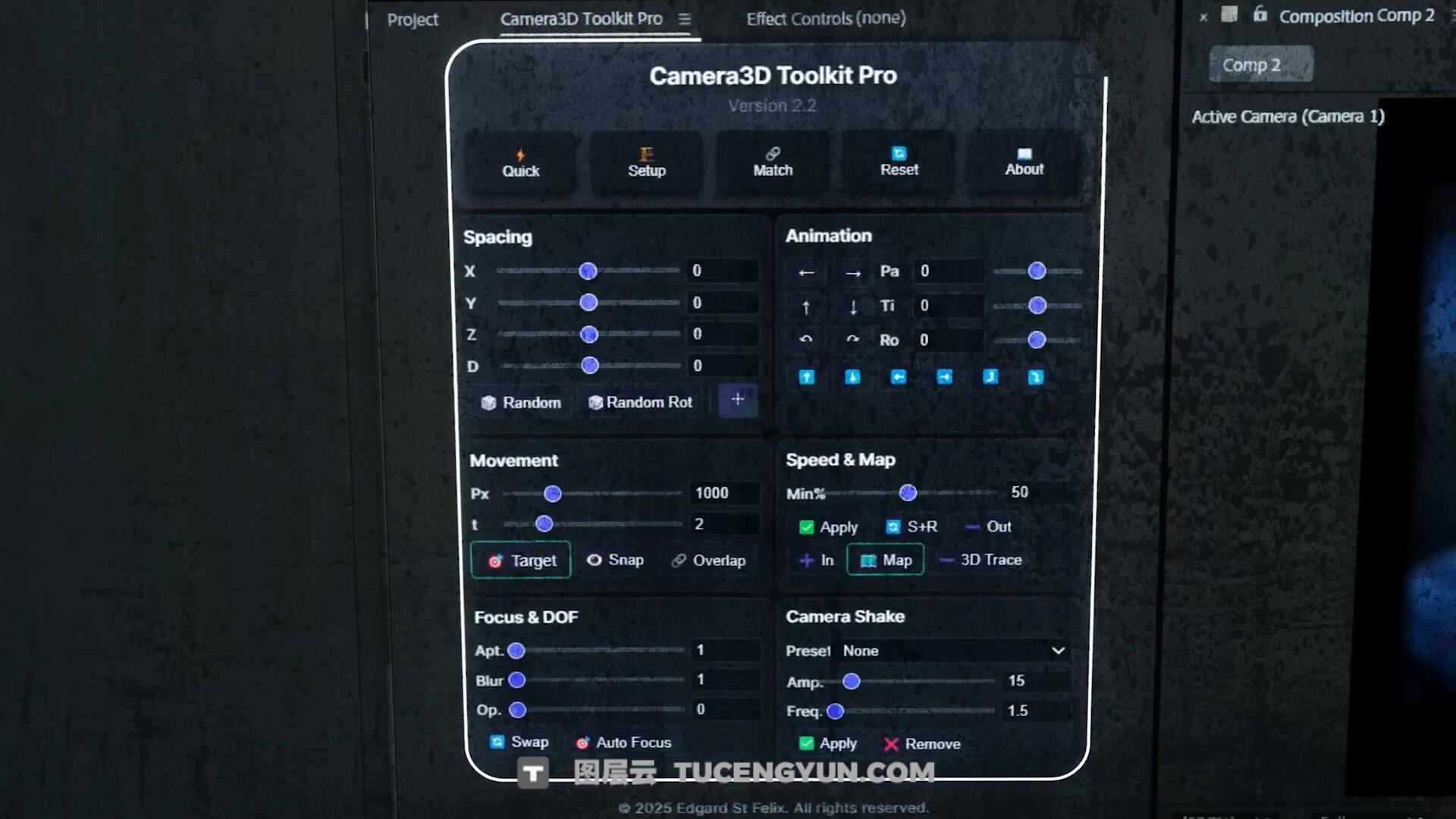 AE插件：一键式创建好莱坞级3D相机运动动画AE插件 Camera3D Toolkit Pro 2.2 支持WIN/MAC（13909）图层云