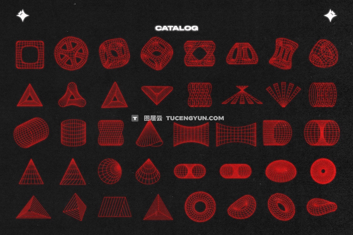 88种赛博朋克科技未来抽象艺术波浪网格线条图线框AI、SVG、EPS、PNG设计元素套装 Pixflow – Wireframe Shapes（13919）图层云