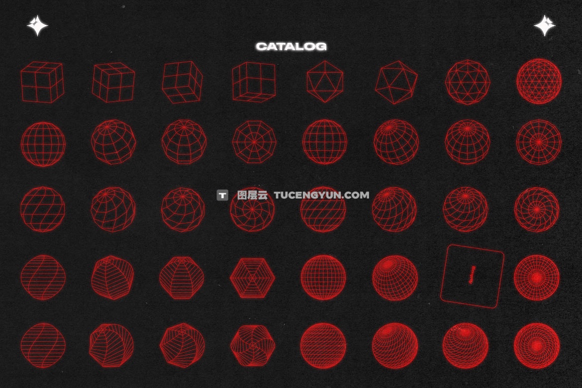 88种赛博朋克科技未来抽象艺术波浪网格线条图线框AI、SVG、EPS、PNG设计元素套装 Pixflow – Wireframe Shapes（13919）图层云