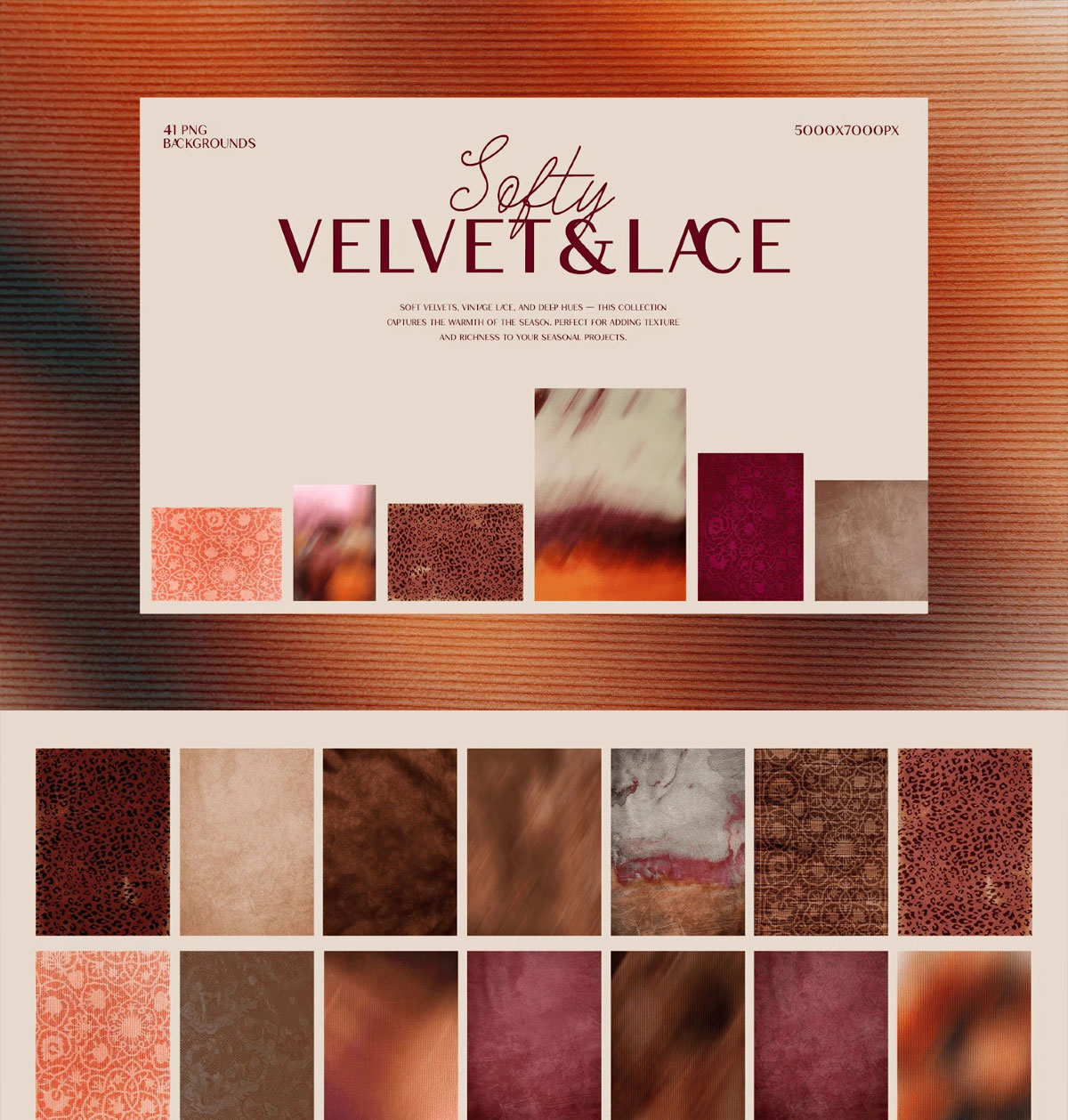 41个复古轻奢布景风格柔软天鹅绒蕾丝条纹背景纹理PNG素材 Softy Velvet & Lace Backgrounds（13927）