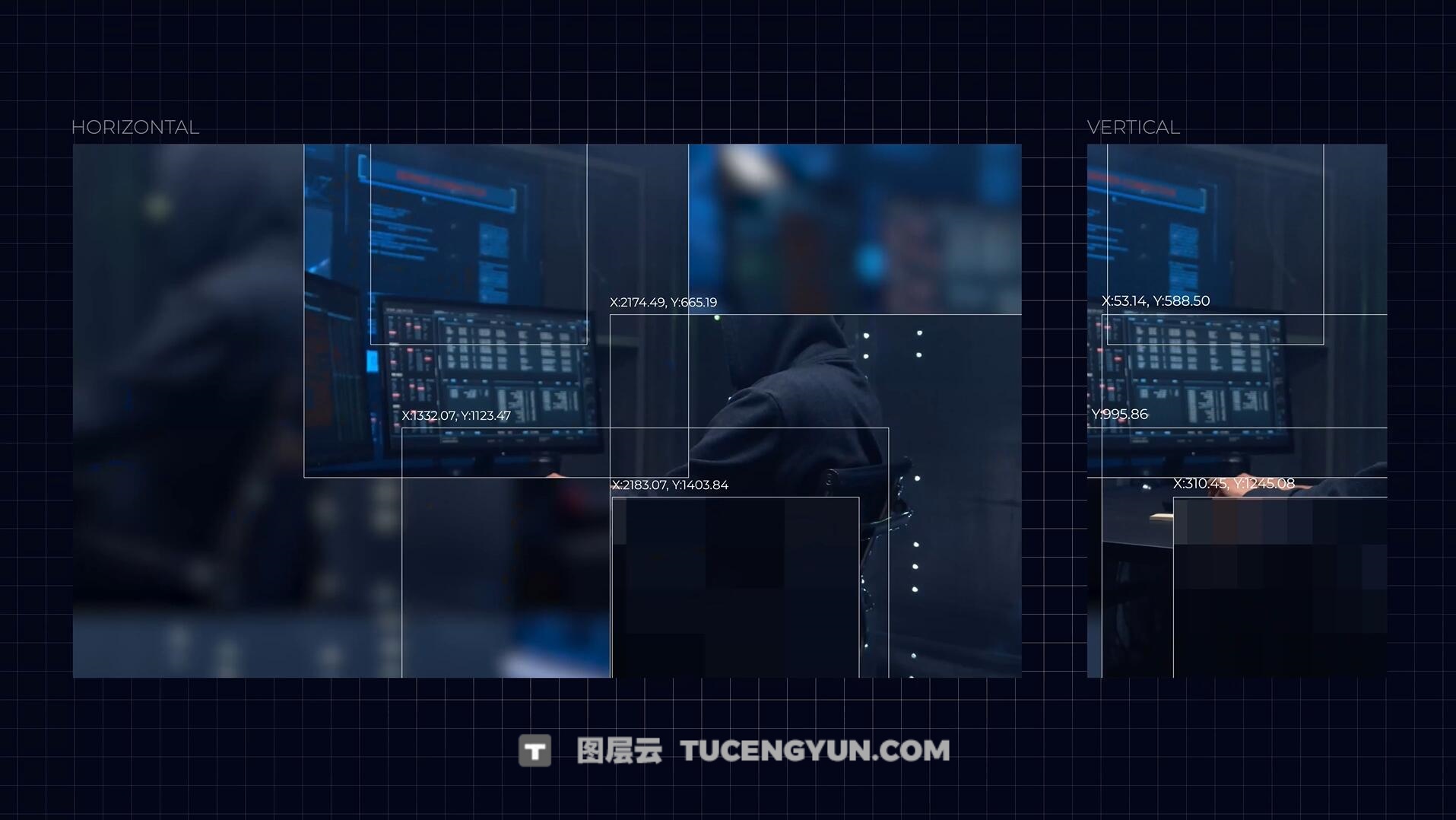 达芬奇模板：未来主义监控画面伪数据扫描无缝转场过渡（13943）图层云