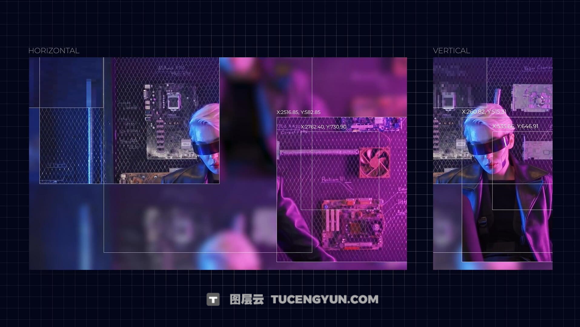 达芬奇模板：未来主义监控画面伪数据扫描无缝转场过渡（13943）图层云