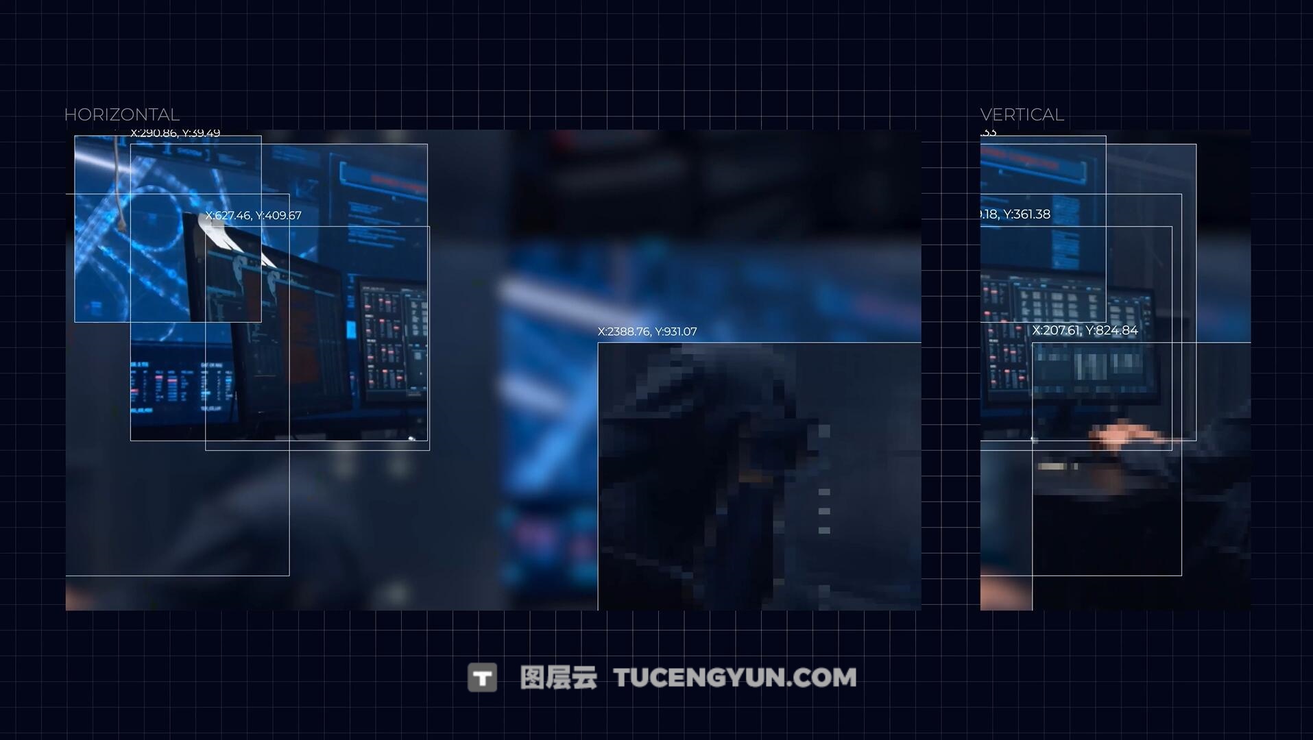 达芬奇模板：未来主义监控画面伪数据扫描无缝转场过渡（13943）图层云