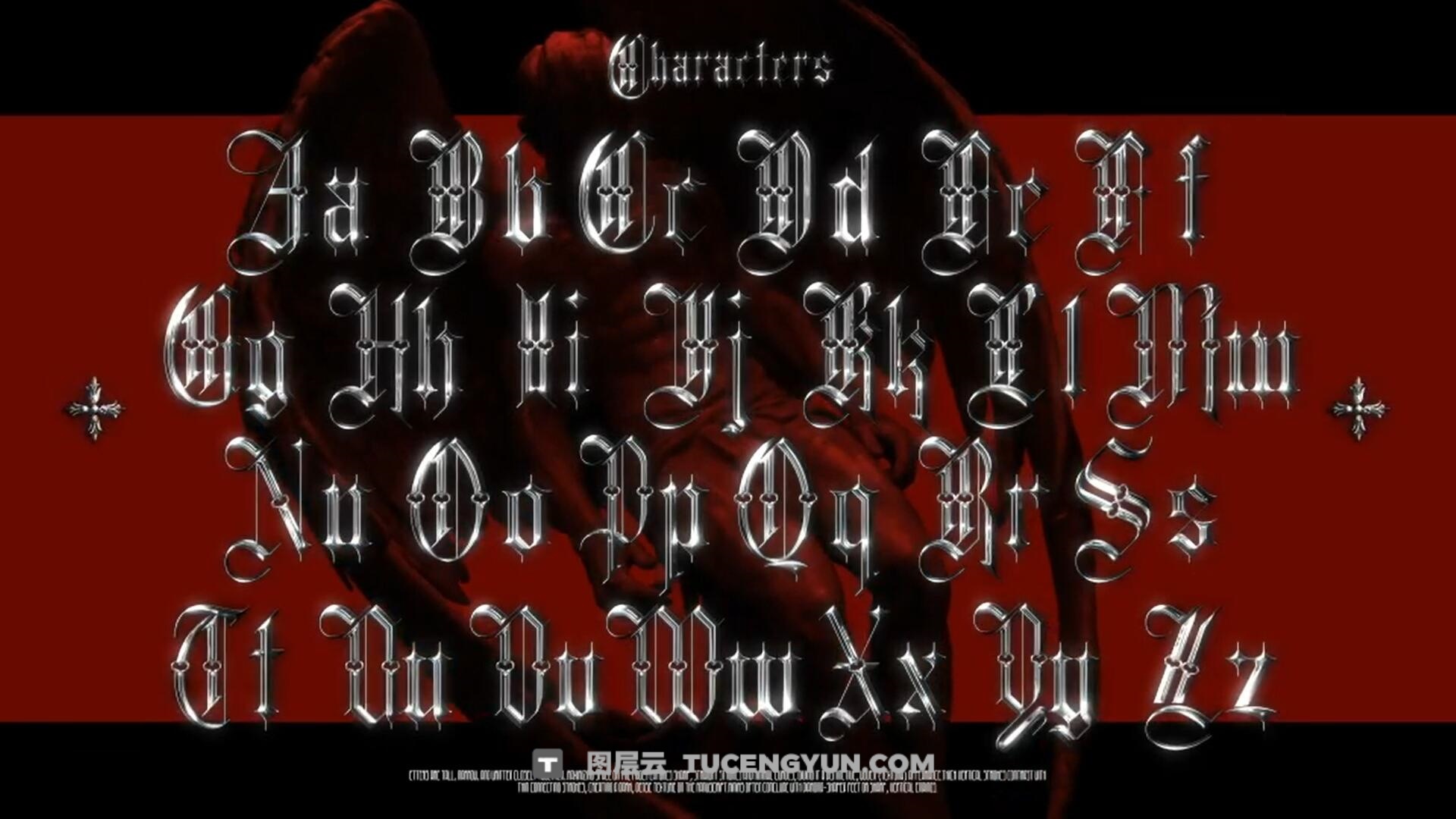 AE模板：暗黑哥特式酸性镀铬金属3D字母数字封面海报设计元素动画（13977）图层云