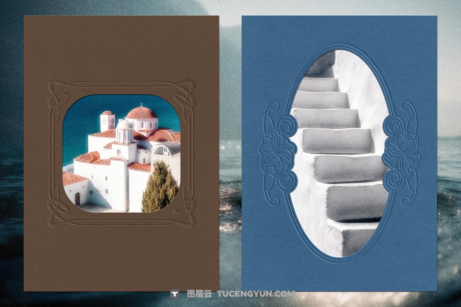 新艺术古董印刷浮雕纸片邮票海报风格画框叠加PNG+背景纹理素材（13980）图层云