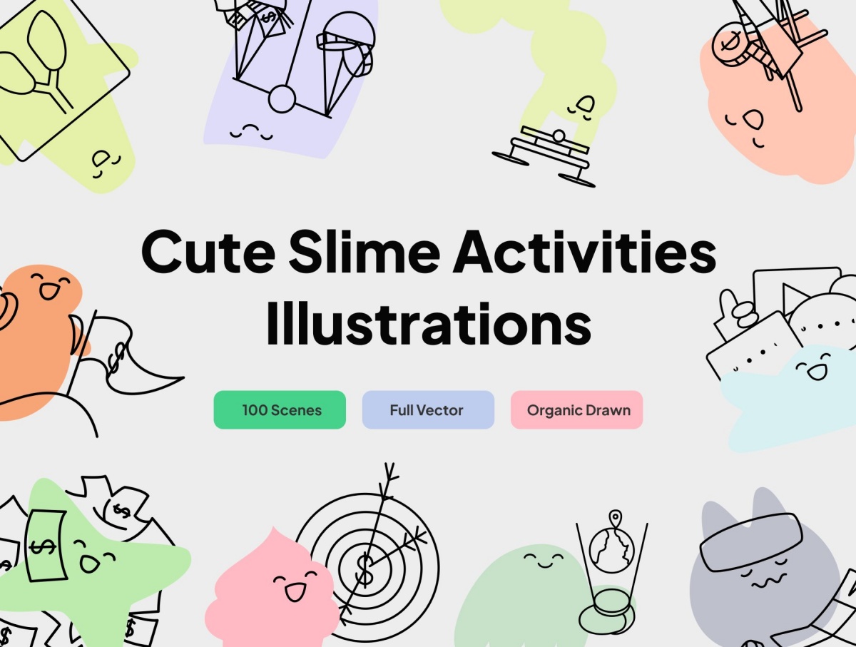 100幅趣味手绘可爱史莱姆角色AI矢量插画插图PNG图片设计套装 Cute Slime Activities Illustrations（13986）