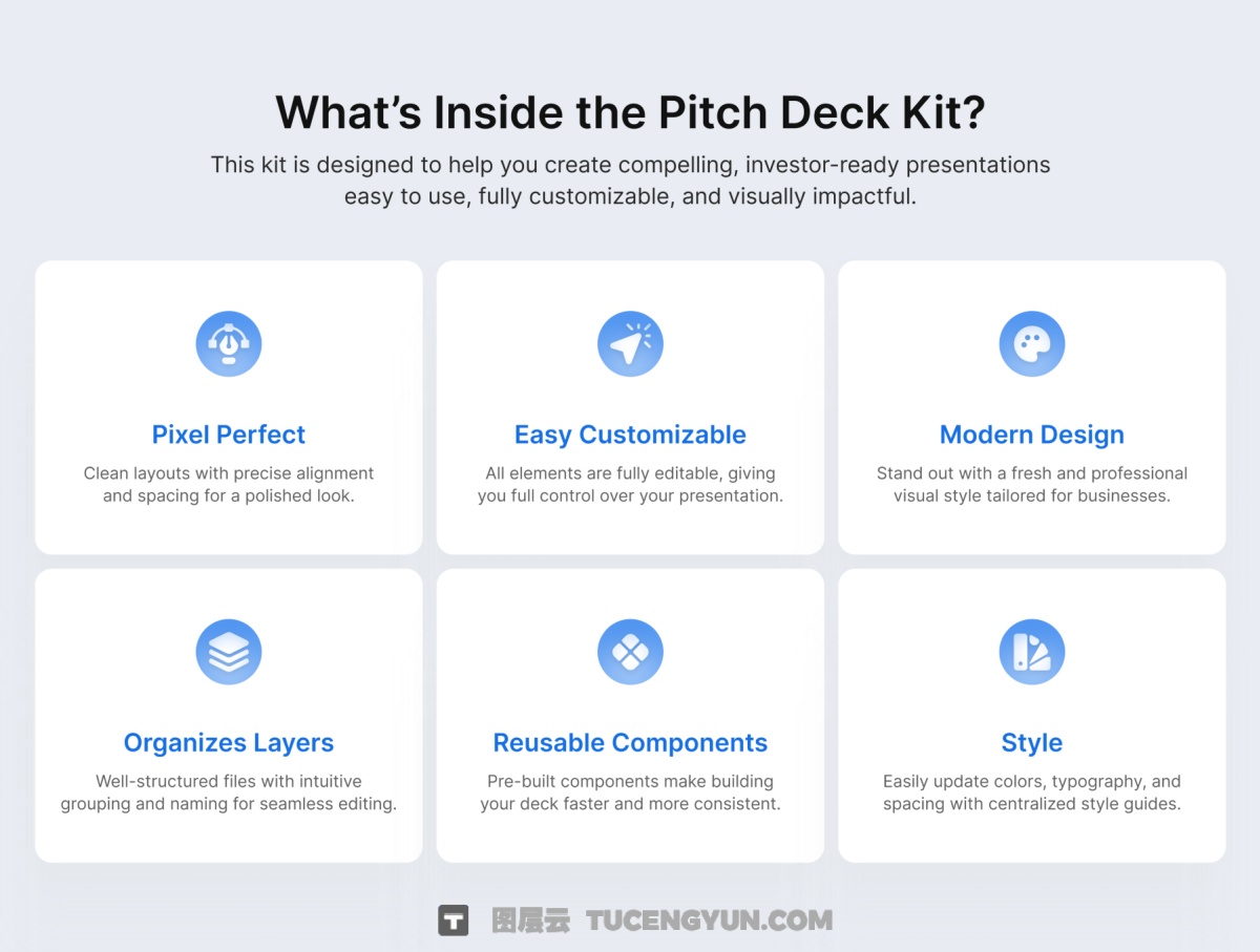 PPT模板：25页极简商业战略策划企业年度报表简报幻灯片设计ppt/figma模板 Blura – Pitch Deck Kit（13991）图层云