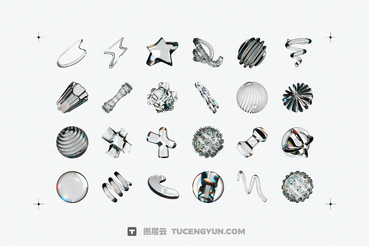 60种全新3D透明彩虹色散液态玻璃水晶形状PNG免抠图片素材（14002）图层云